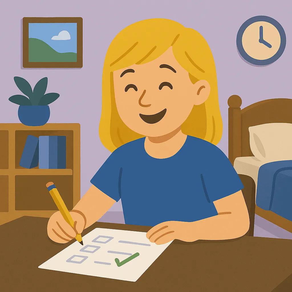 Blond girl being successful in her Greek exam after being prepared by Ioanna and Greek It Up.